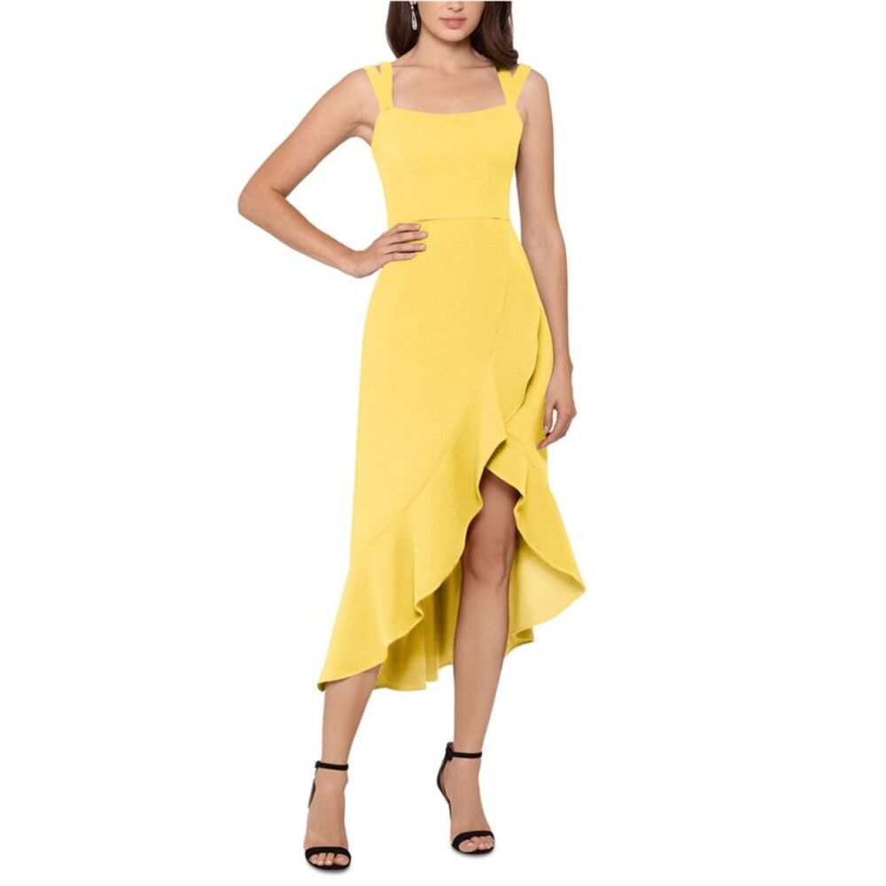 XSCAPE Womens Solid High-Low Dress, Yellow, 8, DM